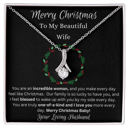 Festive Merry Christmas To Beautiful Wife Ribbon Pendant CZ Diamond Necklace